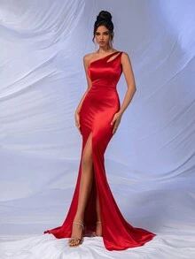 Asymmetrical Neck Split Thigh Satin Formal Dress - Red - View 5