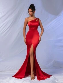 Asymmetrical Neck Split Thigh Satin Formal Dress - Red - View 3