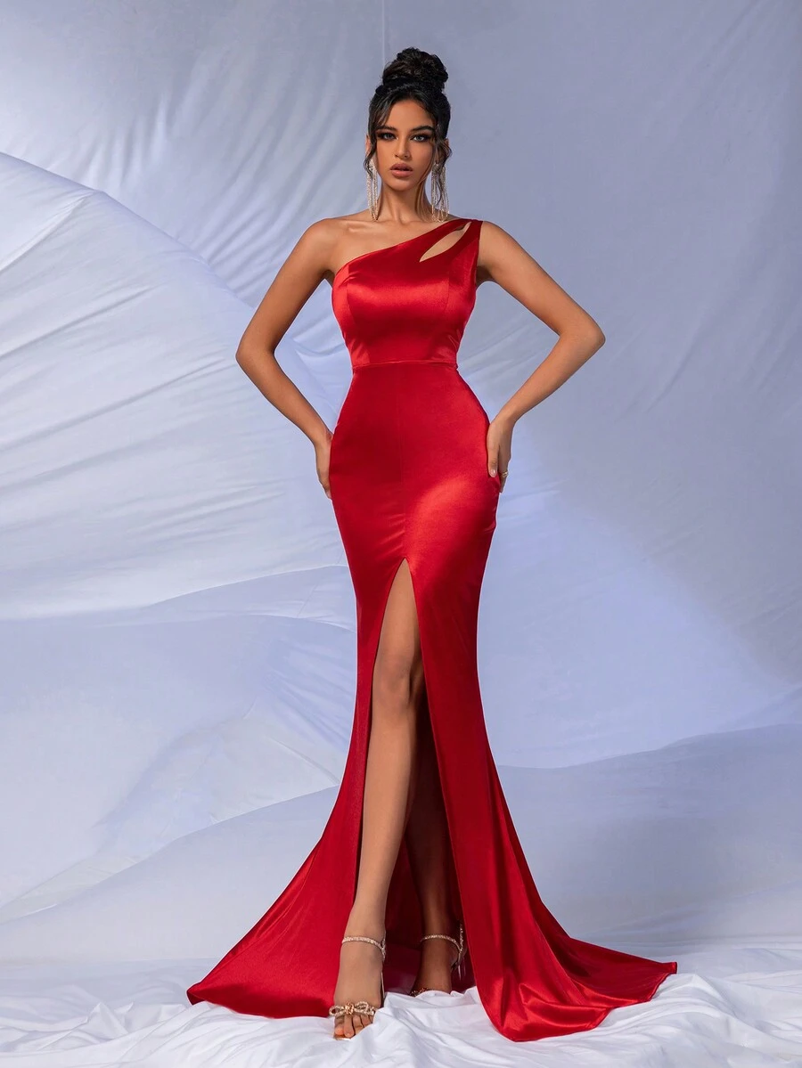 Asymmetrical Neck Split Thigh Satin Formal Dress - Red - View 1