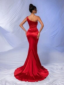 Asymmetrical Neck Split Thigh Satin Formal Dress - Red - View 2