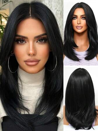 Charm Chemical Fiber Heat Resistant Wig Long Straight Hair Layered Wig Natural Black 20 Inch Wig Natural Look With Bangs Daily Women Party Wear Natural Hair Street Fashion Wig