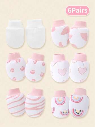 6 双新生儿可爱多色防刮手套，带有心形和彩虹印花，适合日常使用