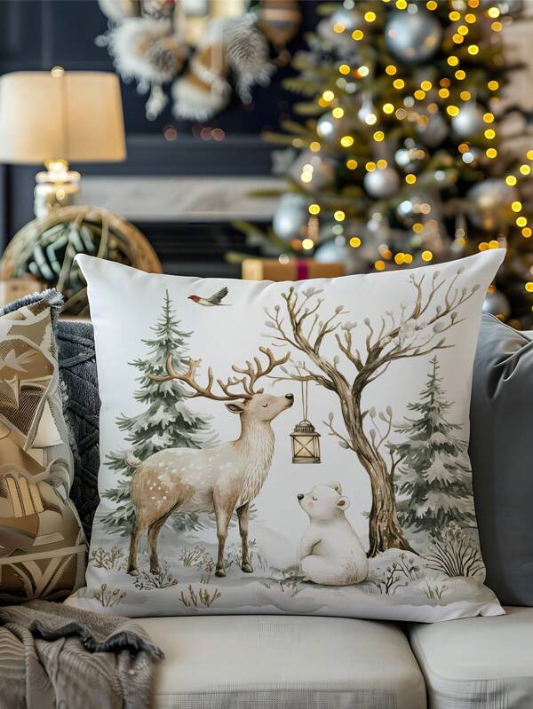 غطاء وسادة ناعمة ذات نمط عيد الميلاد قطعة واحدة (الوسادة الداخلية غير مشمولة)، غطاء وسادة ديكوري مطبوع على جانب واحد مناسب لغرفة النوم والصالة والأريكة وديكورات الحفلات