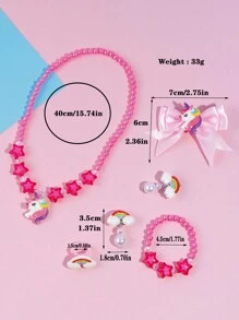 6pcs/Set Kids Unicorn Beaded Necklace, Bracelet, Earrings, Pearl Bow Hair Clips Jewelry Set, Suitable For Holiday Party, Birthday Gift For Girls - Hot Pink - View 4