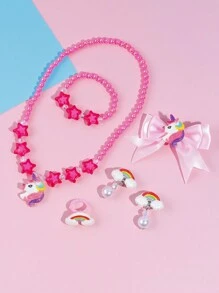 6pcs/Set Kids Unicorn Beaded Necklace, Bracelet, Earrings, Pearl Bow Hair Clips Jewelry Set, Suitable For Holiday Party, Birthday Gift For Girls - Hot Pink - View 2