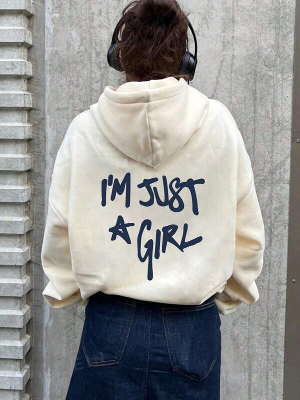 Moletom com capuz estampado com slogan feminino e ombros caídos, blusas de manga comprida