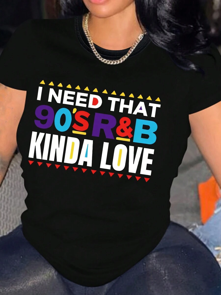 Plus Size Women's Summer Slogan Print Round Neck Short Sleeve Casual T-Shirt - Black - View 1