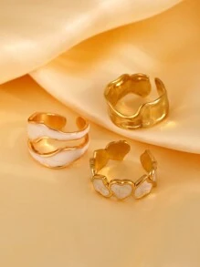 3 件套钛钢不对称绘画戒指套装，时尚独特设计，适合日常佩戴 - 金黃色 - 查看 4