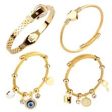 3pcs Western Style Exaggerated Multi-Design Key Chain Pendant Bracelet Set, Stainless Steel Plated Eye Charm Bracelet Gift For Women Holiday'