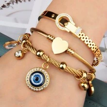 3pcs Western Style Exaggerated Multi-Design Key Chain Pendant Bracelet Set, Stainless Steel Plated Eye Charm Bracelet Gift For Women Holiday'