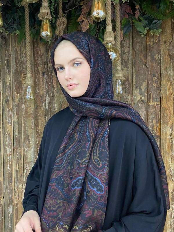 1buc eșarfă Hijab lungă din satin cu imprimeu floral elegant, ocazională și confortabilă, potrivită pentru toate anotimpurile Accesorii Abaya