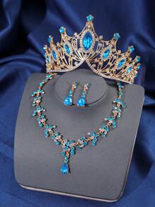 4pcs Elegant Rhinestone Queen Crown Necklace Earrings Set, Bridal Wedding Crown Hair Accessories, Women Party Occasion Jewelry Decoration Valentine's Day Accessories - HG057-TL150 - 查看 16