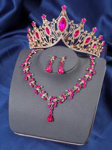 4pcs Elegant Rhinestone Queen Crown Necklace Earrings Set, Bridal Wedding Crown Hair Accessories, Women Party Occasion Jewelry Decoration Valentine's Day Accessories - HG057-TL150 - 查看 21