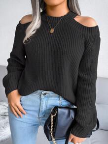 Casual Open Shoulder Solid Color Long Sleeve Knit Sweater For Autumn Winter,Long Sleeve Tops - Black - View 4
