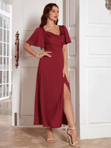 圣诞节纯色垂领裹身开叉鸡尾酒礼服