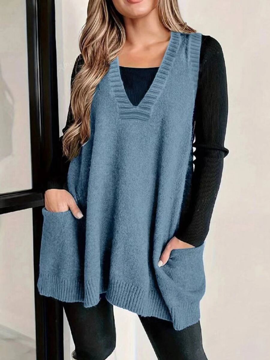 Women's Autumn/Winter Y2K Casual Sleeveless V-Neck Pullover Knit Top, Lightweight And Comfortable, Suitable For Casual, Daily, Date, Halloween, Christmas, Thanksgiving, Holiday, Back To School, Back To School Party, Birthday Party - Baby Blue - View 1