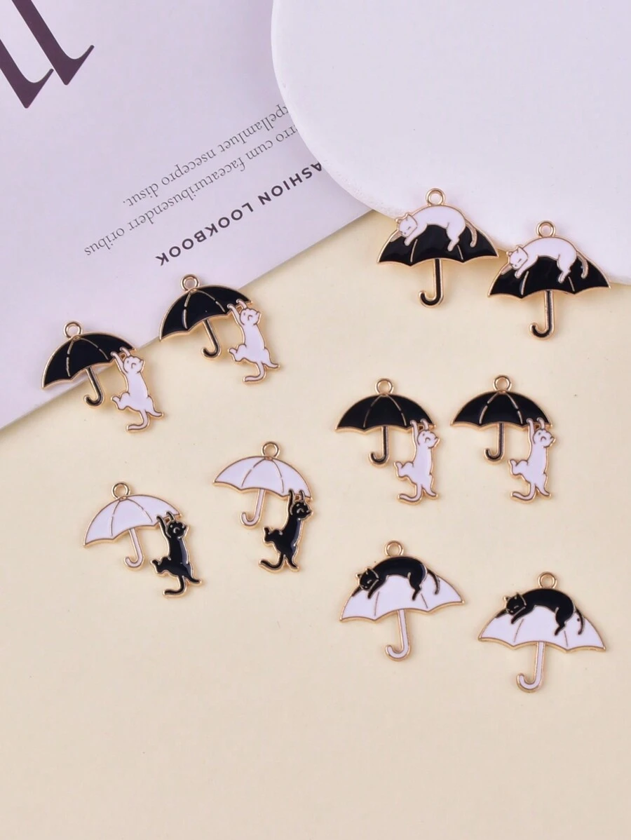 10个/包 可爱雨伞猫金属油滴吊坠，适合女性DIY饰品制作 - 彩色 - 查看 1