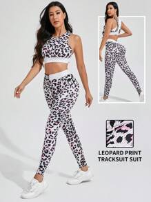 2pcs Leopard Print Crew Neck Tank Top And Pants Summer Sportswear Set - Pink - View 4