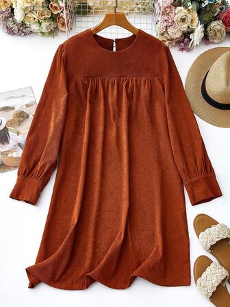 女式大码休闲纯色长袖连衣裙，秋季