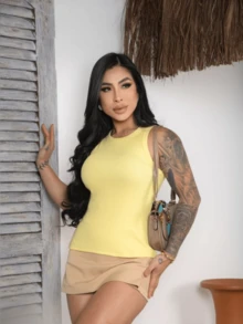 Women's Summer Round Neck Tank Top - Màu vàng - Xem 2