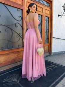 LONG WEDDING PARTY DRESS FOR GRADUATES IN TULLE WITH SHINE AND CORSET - 乾枯玫瑰色 - 查看 2