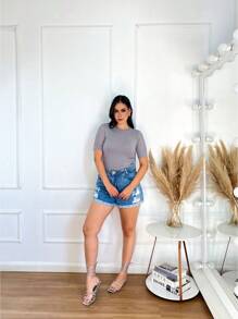 Women's Blouse Modal Knit Blouse Short Sleeve Lace Cropped Knit T-Shirt - 灰色 - 查看 4