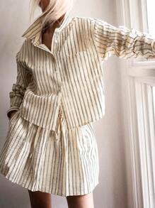 UREREM 2pcs Stripe Shirt With Swing Skirt Casual Summer Outfit - Apricot - View 3