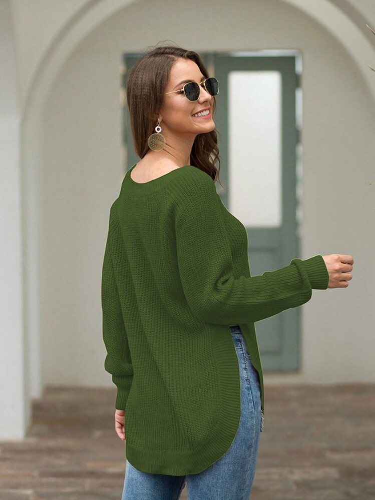 Rounded Hem Knit Sweater - Dark Green - View 5