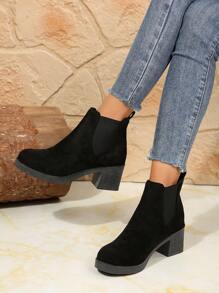 Fall/Winter 2025 Chunky Heel Women Short Boots, Fashion Versatile Elegant Solid Color Chelsea Boots, Round Toe Comfortable Casual High Heel Shoes, Short Plush Warm Ankle Boots - Black - View 4