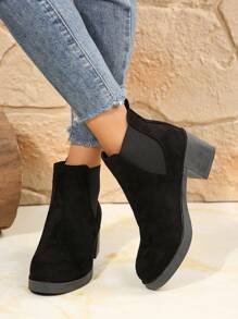 Fall/Winter 2025 Chunky Heel Women Short Boots, Fashion Versatile Elegant Solid Color Chelsea Boots, Round Toe Comfortable Casual High Heel Shoes, Short Plush Warm Ankle Boots - Black - View 5