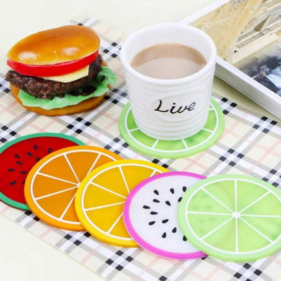 Kit With 4 Silicone Coasters For Drinks, Fruit Juices, Non-Slip - 隨機列印 - 查看 1