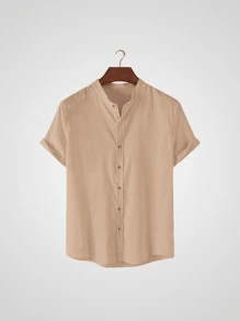 Men's Shirt Priest Collar Short Sleeve Comfortable Light Soft Cool Easy To Iron - Màu be - Xem 7