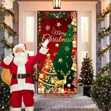 1pc,Festive Red And Green Christmas Door Cover: Merry Christmas Banner With Glittery Christmas Tree, Elk, Snowflakes - Perfect For Porch Sign, Backdrop, Or Background Decoration For Christmas, New Year, And Winter Holiday Parties - No Feathers, Hanging Style, Fabric Material,Christmas - Multicolor - View 7