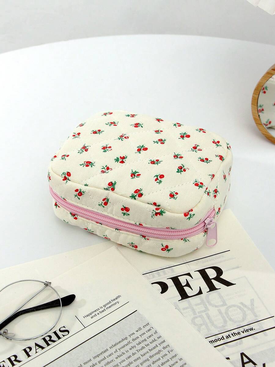 1PC/Set Rose Blossom Quilted Makeup Bag With Cute Red Cherries, High