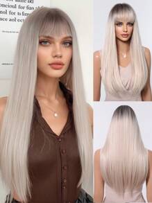 Tóc giả dài thẳng màu vàng 24 inch có mái chịu nhiệt Ombre tóc giả tổng hợp màu vàng với chân tóc sẫm màu tạo nên bộ tóc giả trông tự nhiên cho phụ nữ tóc giả dự tiệc Halloween hàng ngày - Vàng - Xem 1