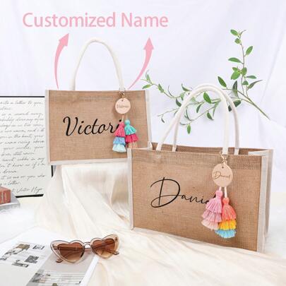 Personalized Bridesmaid Tote Bag And Accessories, Burlap Tote Bag, Bridesmaid Gift Bag, Bachelorette Party Bag, Beach Bag, Gift Bag, Bridal Shower Tote, Burlap Tote Bag With Name