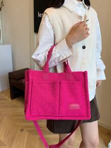 时尚女士蓬松手提包，多口袋单肩斜挎包，柔软毛绒手提包，秋冬热销潮流女包 - 玫紅色 - 查看 2