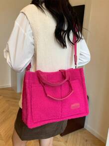 时尚女士蓬松手提包，多口袋单肩斜挎包，柔软毛绒手提包，秋冬热销潮流女包 - 玫紅色 - 查看 4