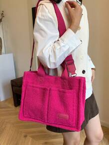 时尚女士蓬松手提包，多口袋单肩斜挎包，柔软毛绒手提包，秋冬热销潮流女包 - 玫紅色 - 查看 3