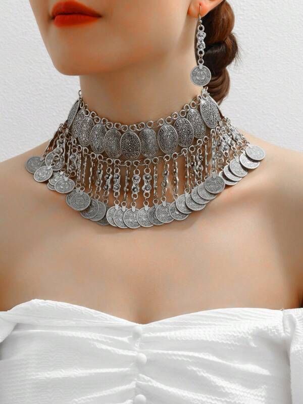 1 set Collier de pièce de monnaie vintage exagéré et boucles d'oreilles assorties en pièces de monnaie, Ensemble de bijoux pour femmes de style moyen-oriental
