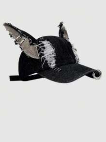 1pc Graffiti Print Y2K Polyester Embroidered Decorative Baseball Cap With Ears, Fashionable Asymmetric Ear Hat Halloween - Black - View 6