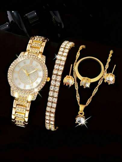 مجموعة ساعة نسائية فاخرة 1مجموعة مع أسورة، ساعة كوارتز و 5قطع إكسسوارات مرصعة بالراين