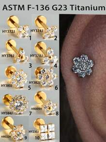 1 件 F136 钛内螺纹 16G 螺丝平背耳钉大太阳花三角形方形 Cz 软骨耳环身体珠宝情人节 - 鈦銀色 - 查看 8