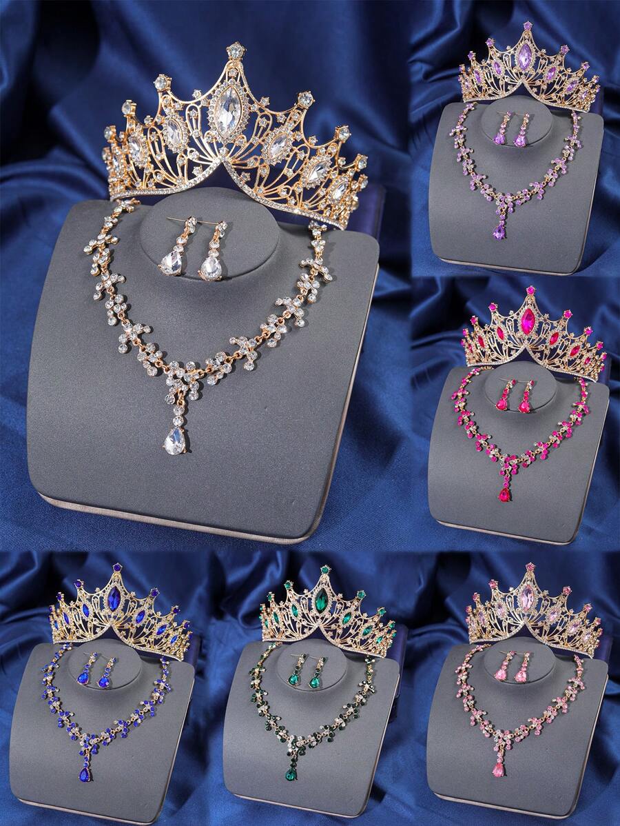 4pcs Elegant Rhinestone Queen Crown Necklace Earrings Set, Bridal Wedding Crown Hair Accessories, Women Party Occasion Jewelry Decoration Valentine's Day Accessories - HG057-TL150 - 查看 1