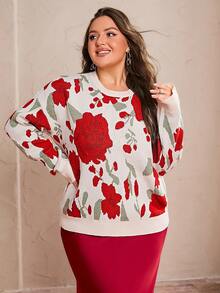 Simplee Women's Plus Size Fashion Red Floral Pattern Long Sleeve Sweater, Suitable For Dating, Christmas, New Year Wear - Red - View 6