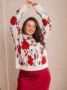 Simplee Women's Plus Size Fashion Red Floral Pattern Long Sleeve Sweater, Suitable For Dating, Christmas, New Year Wear - Red - View 7