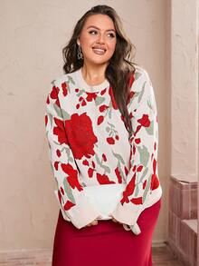 Simplee Women's Plus Size Fashion Red Floral Pattern Long Sleeve Sweater, Suitable For Dating, Christmas, New Year Wear - Red - View 2
