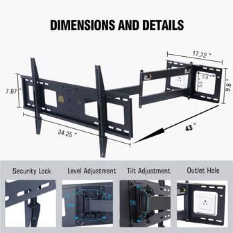 FORGING MOUNT Long Reach TV Muurbeugel 1090mm, Full Motion Swivel Tilt Heavy Duty TV Mount Hoek TV Beugel voor 50-90 inch Flat & Curved TV's Geschikt voor maximaal 50KG Max VESA 800x400mm