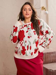 Simplee Women's Plus Size Fashion Red Floral Pattern Long Sleeve Sweater, Suitable For Dating, Christmas, New Year Wear - Red - View 5