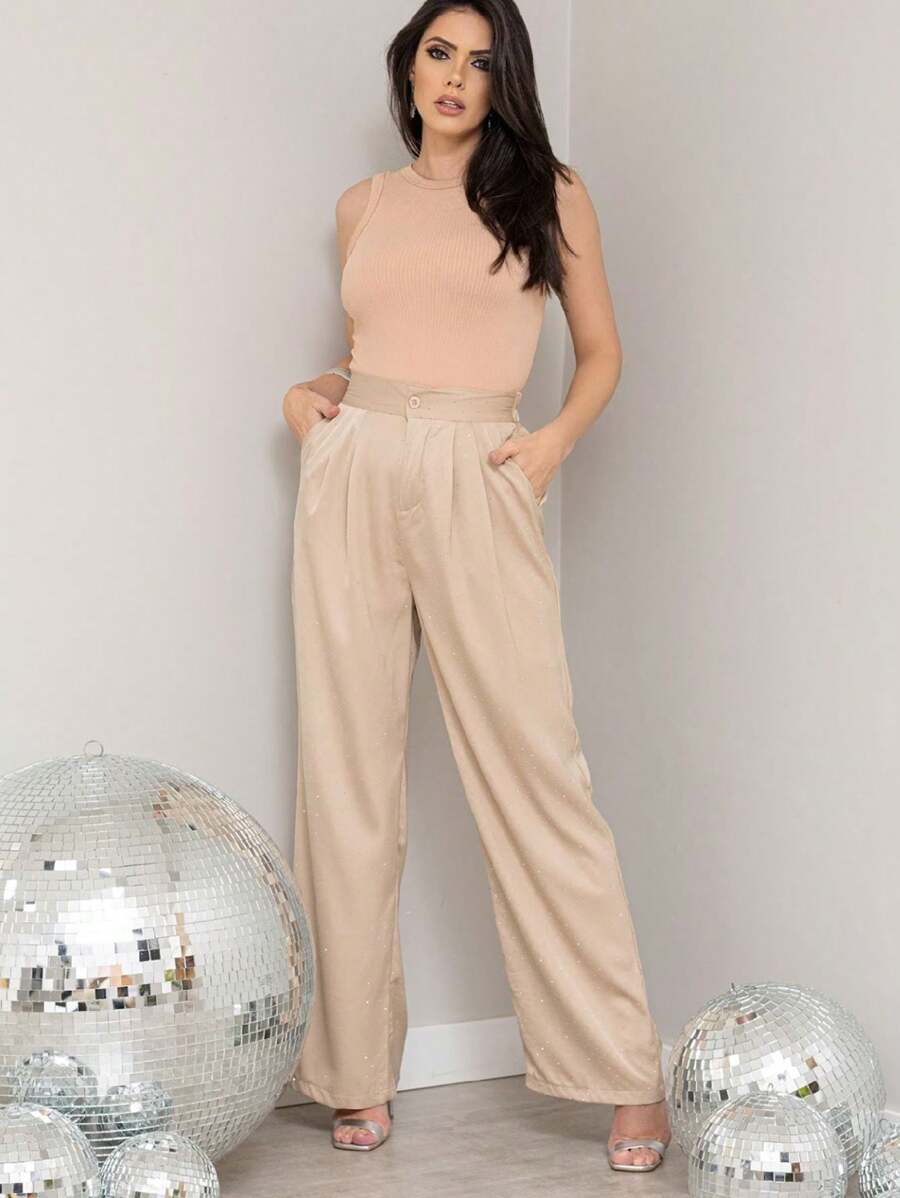 KALINA FASHION Women's Casual Wide Leg Loose Trousers With Rhinestone Embellishments - Khaki - View 1